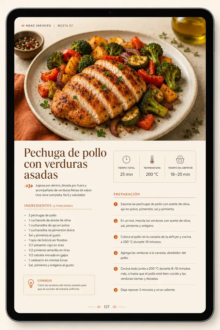 Página interna del Menú Infinito, receta con ficha de tiempo y temperatura