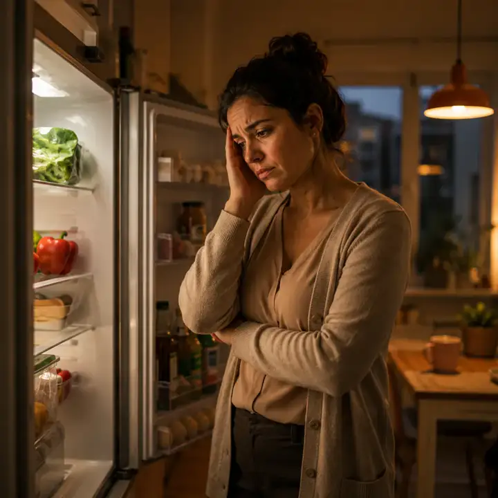 Mujer cansada en la cocina sin saber qué cocinar